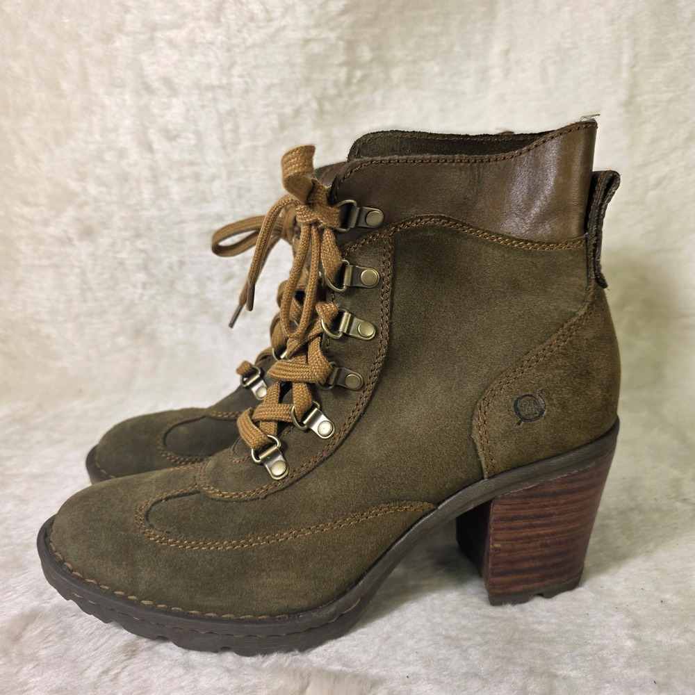 Born Suede Lace Up Heeled Ankle Boots Olive Green Womens 9 Excellent